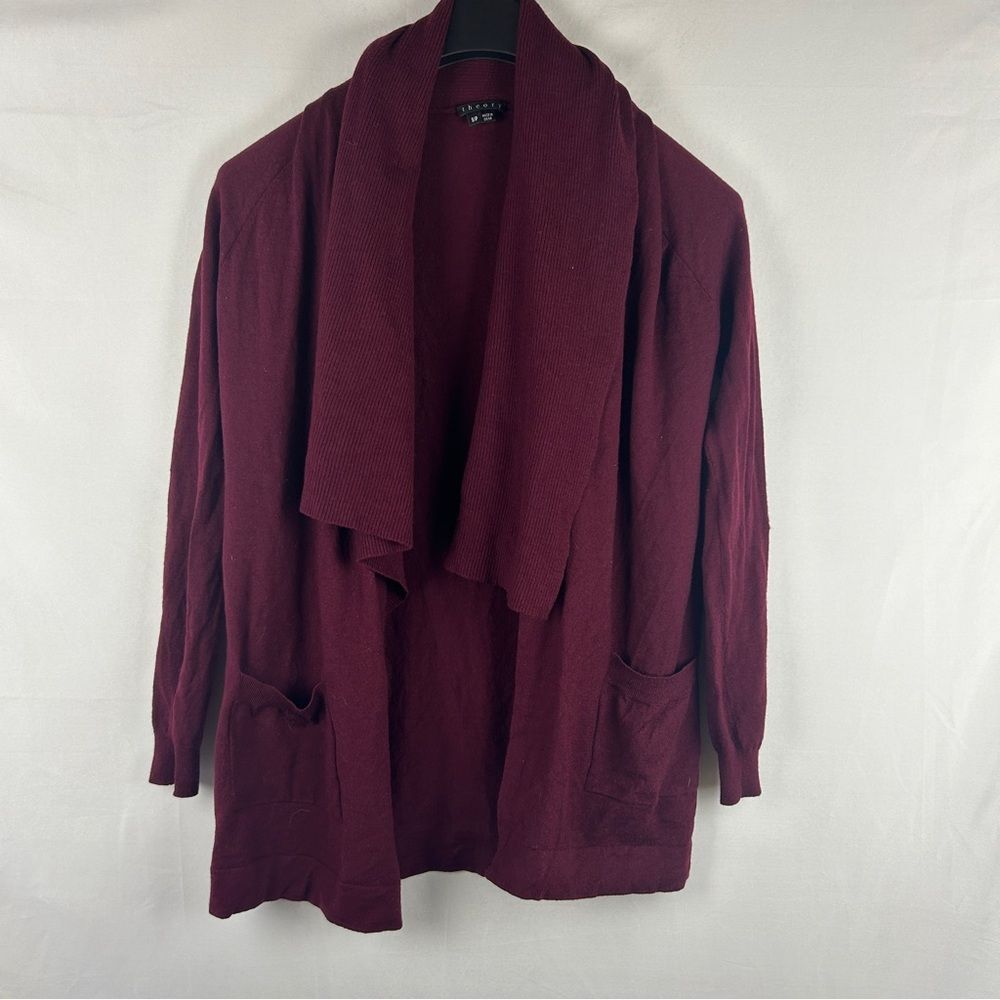 Theory Maroon Red Abie Evian Drape Layer Front Wool Long Cardigan Sweater S
